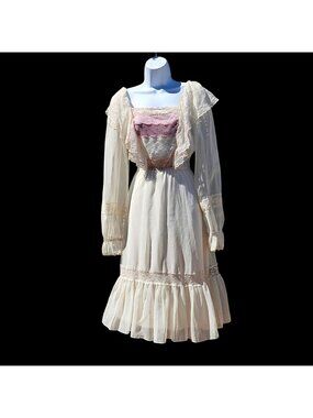 Vintage Casadei 80s Ivory Lace Beaded Prairie Fantasy Dress Sheer Lined S/XS